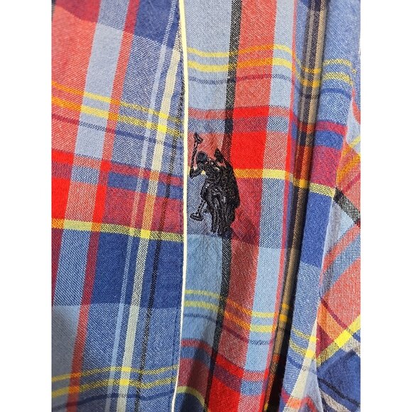US Polo Assn Logo Robe Men Multicolor Plaid Red Blue 100% Cotton Pocket Size S/M - Picture 3 of 16